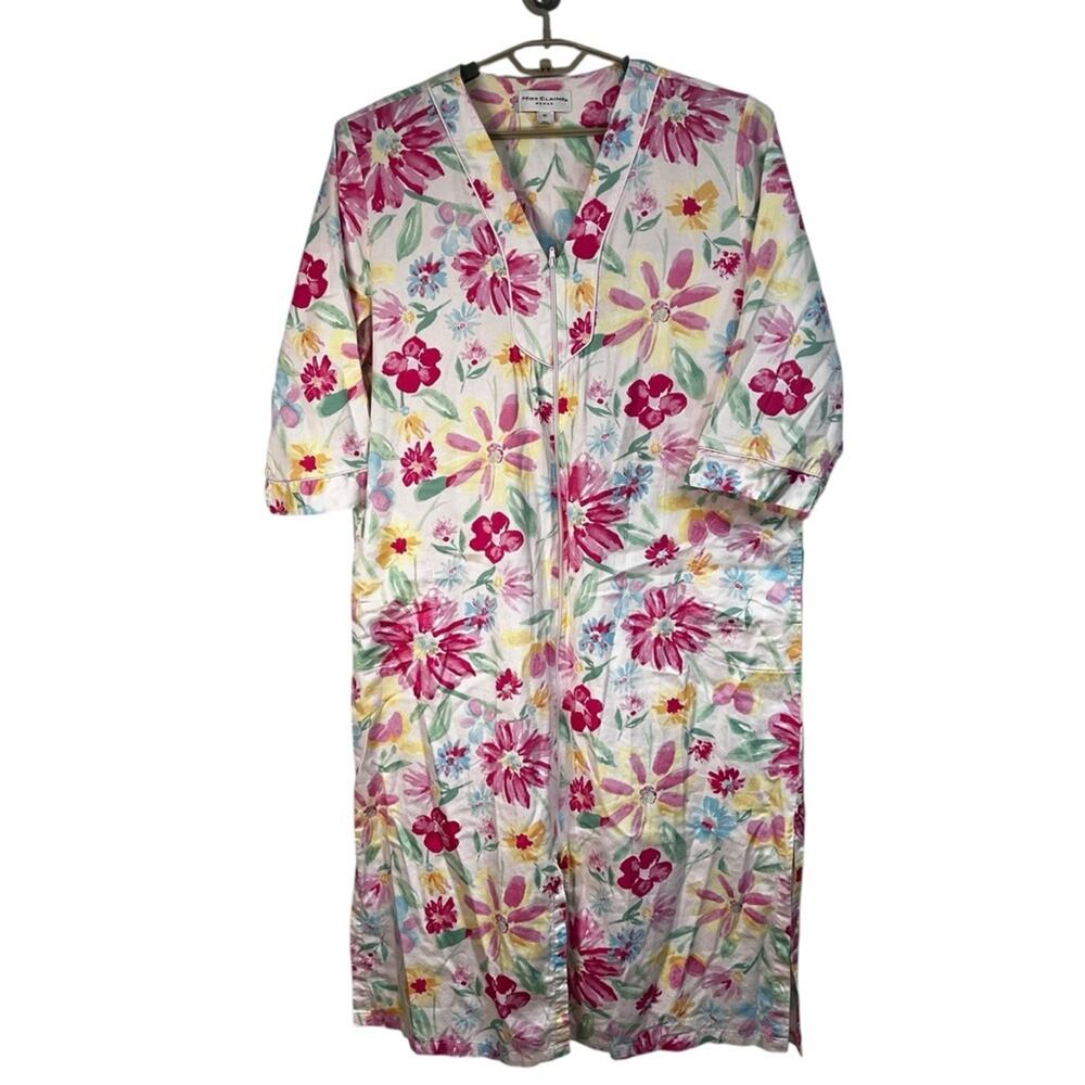 Miss Elaine Floral Zip Front 100% Cotton House Dress Size 1X Pastel Lounge Robe